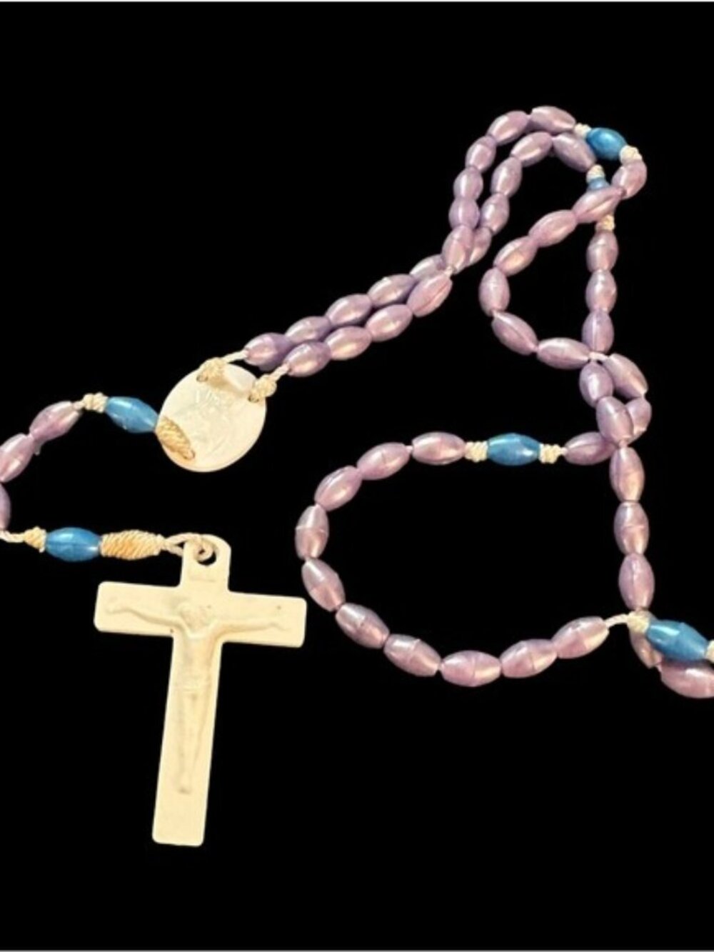 Vintage Rosary Purple Blue White Plastic Beaded Christian Gift Jewelry 20 Inch